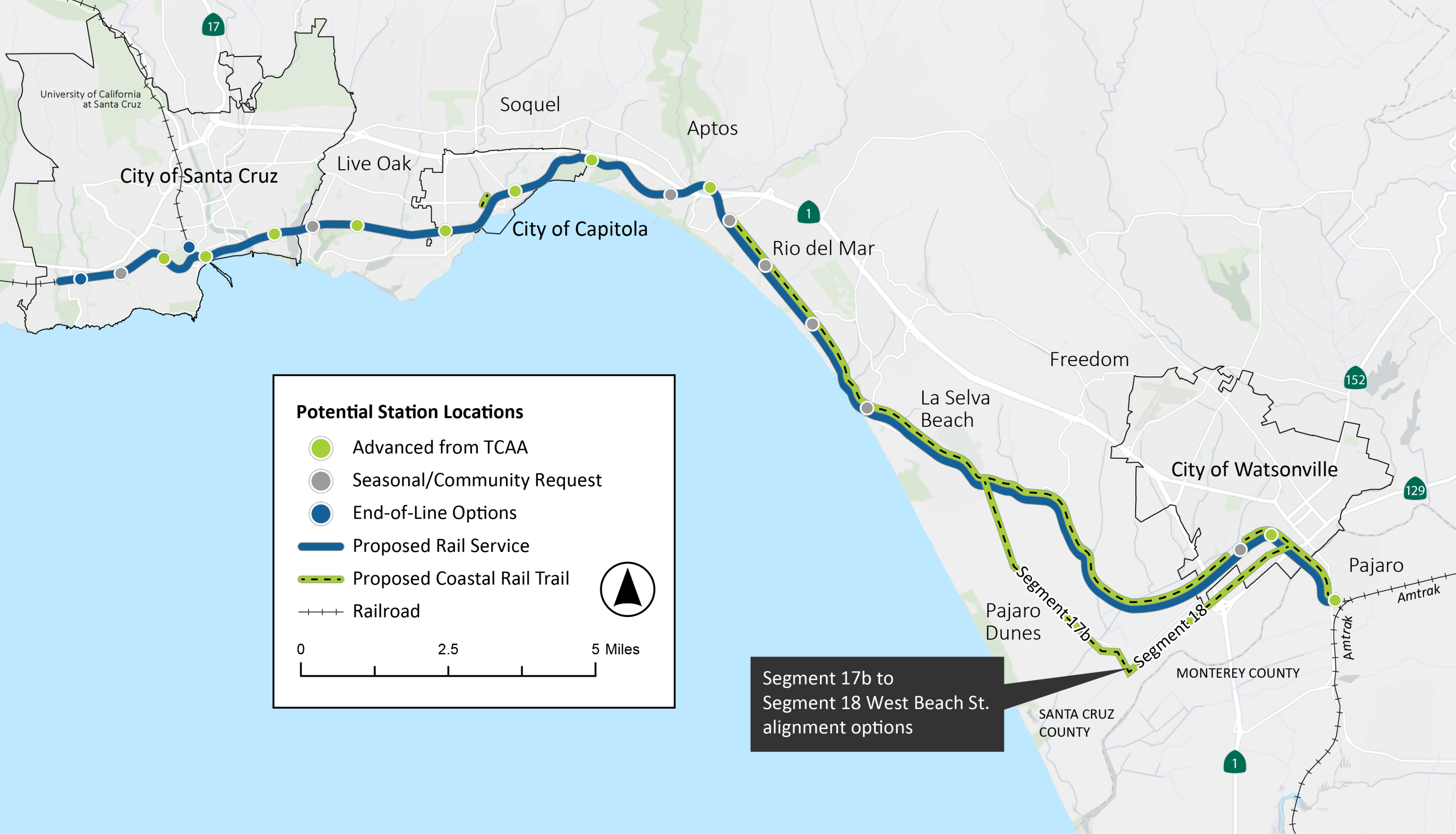 Project Area Map showing proposed rail service from Santa Cruz to Watsonville, with adjacent coastal rail trail from Rio del Mar to Watsonville