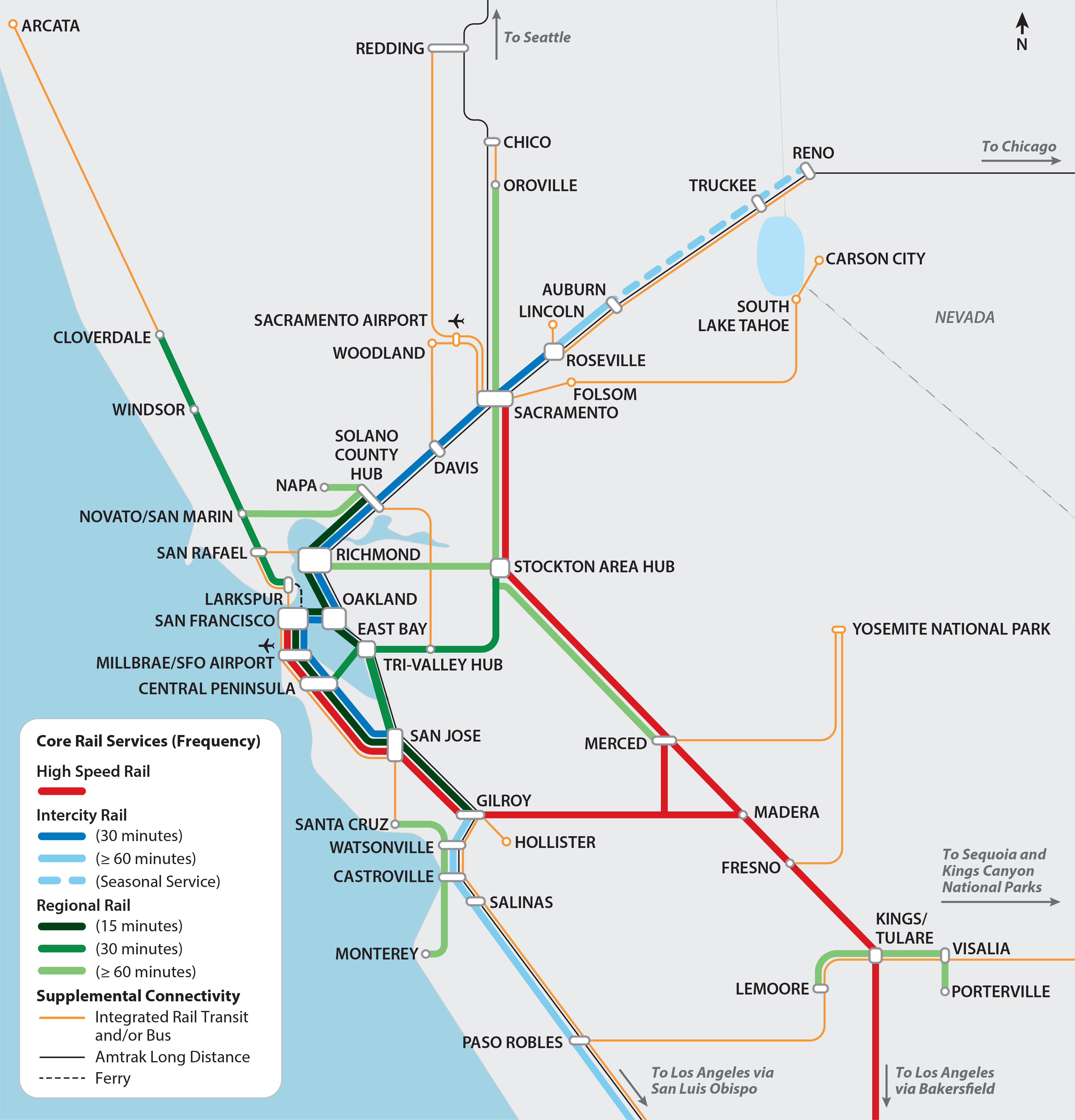 Image of a map showing the Northern California Integrated Rail Network from the 2018 California State Rail Plan. Rail network services shown include High Speed Rail, Intercity Rail, Regional Rail, and Supplemental Connectivity.