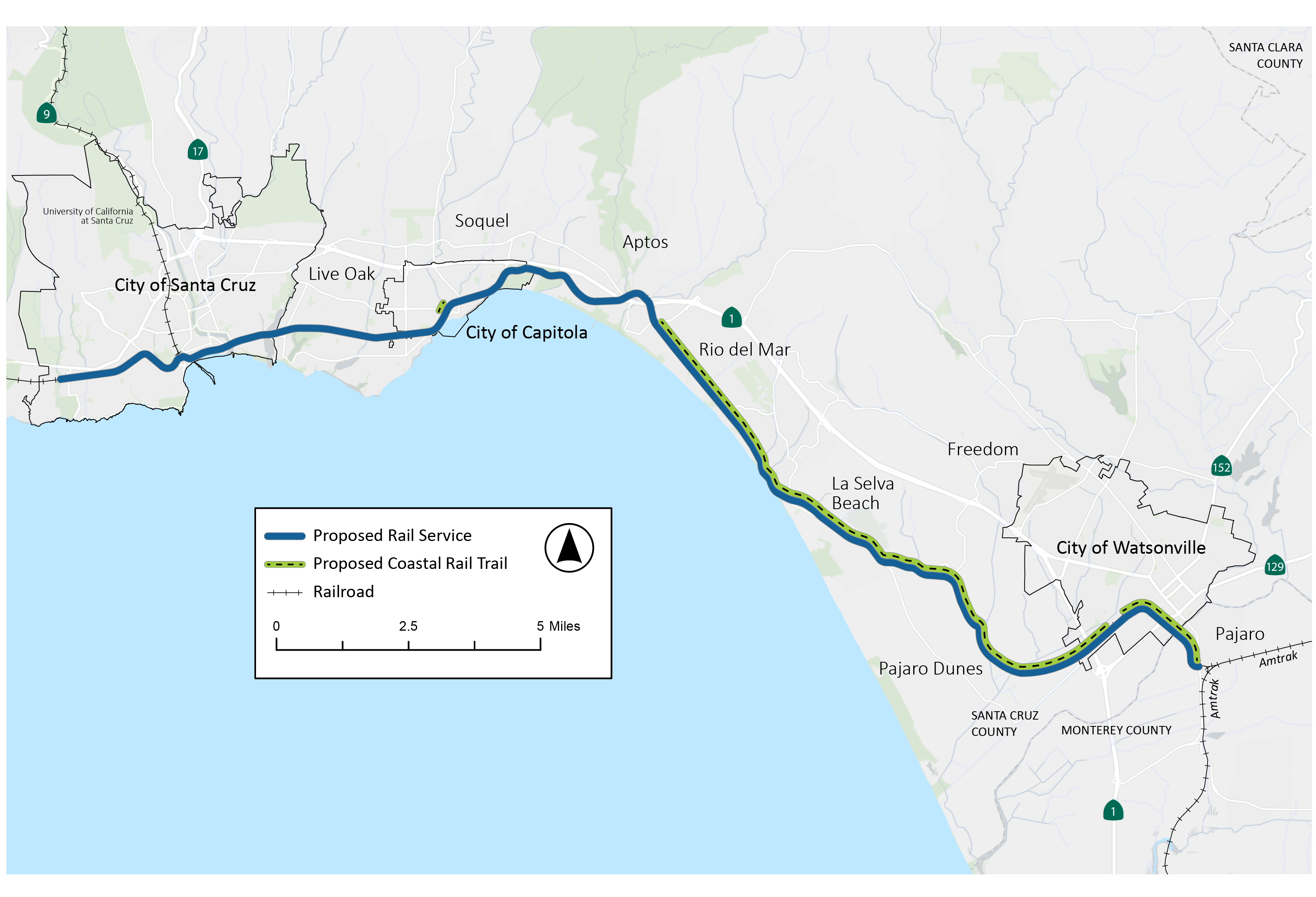 A project map showing the proposed alignment of the proposed rail service and portions of the proposed Coastal Rail Trail Segments associated with this project (Trail Segments 13-20 and Segment 11, Phase 2).